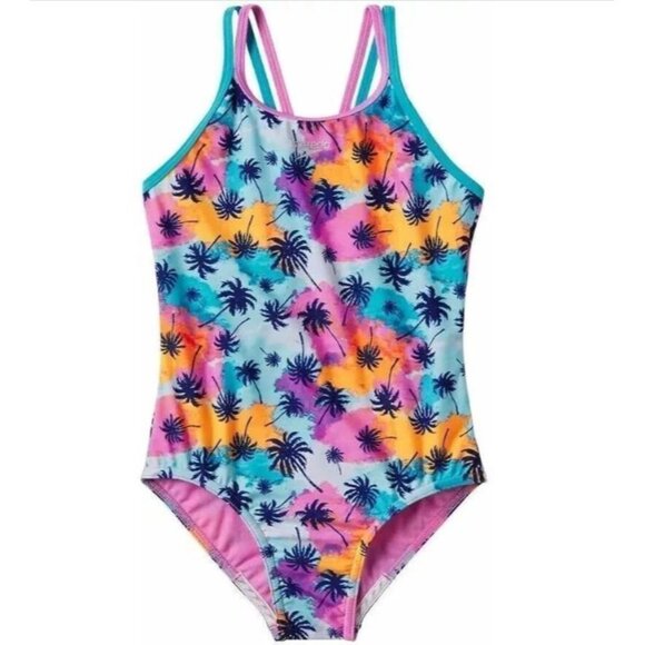 Speedo Girls One-Piece Swimsuit XL 16 Multi Palm Pink‎ Blue Thin Straps - Picture 1 of 9